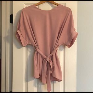 Women's V Neckline Self Tie Short Sleeve Blouse